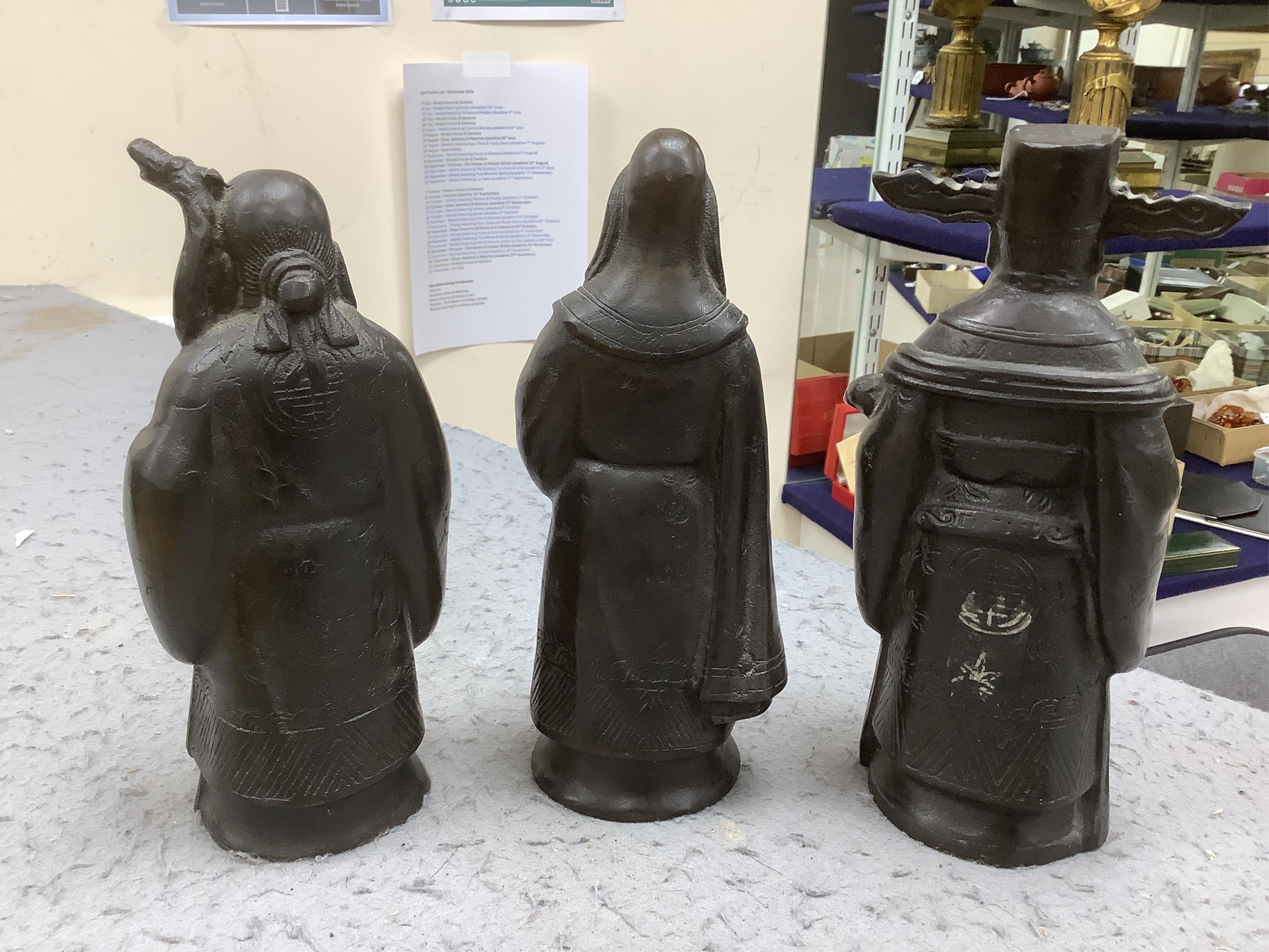 A group of Chinese bronzes and wood carvings, tallest 23.5cm. Condition - fair to good